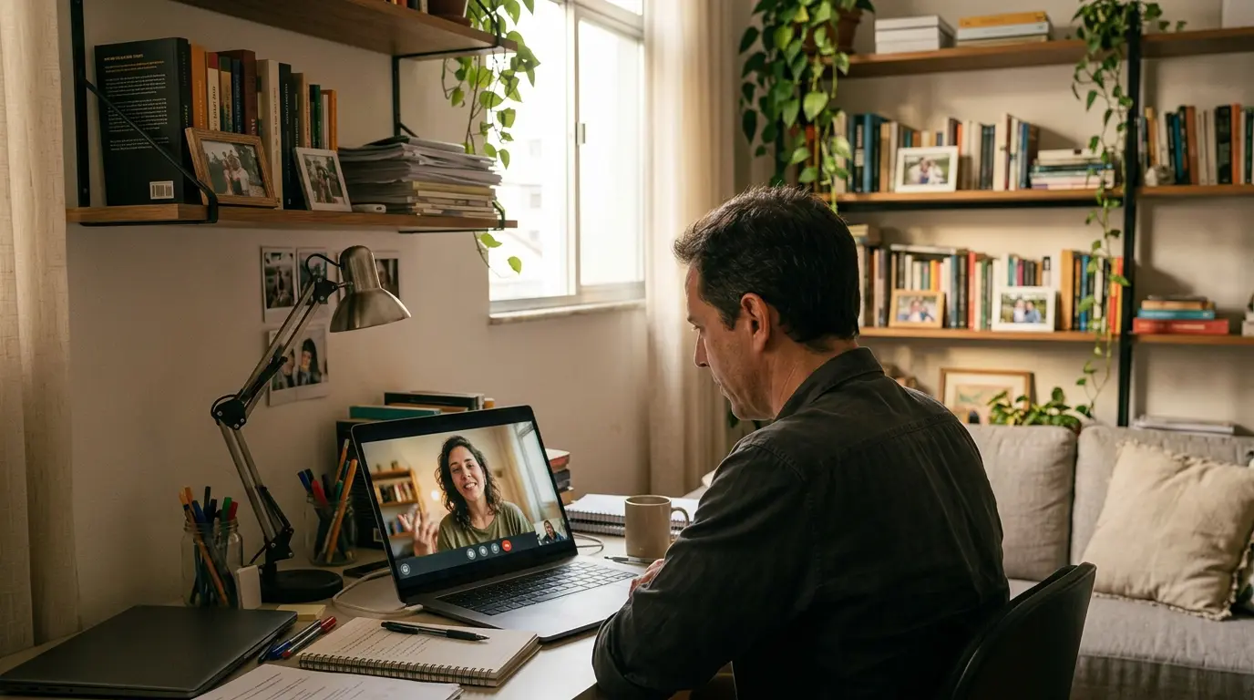 Mulher de suéter praticando conversação em uma videochamada no laptop, junto à janela, com uma xícara e um caderno sobre a mesa