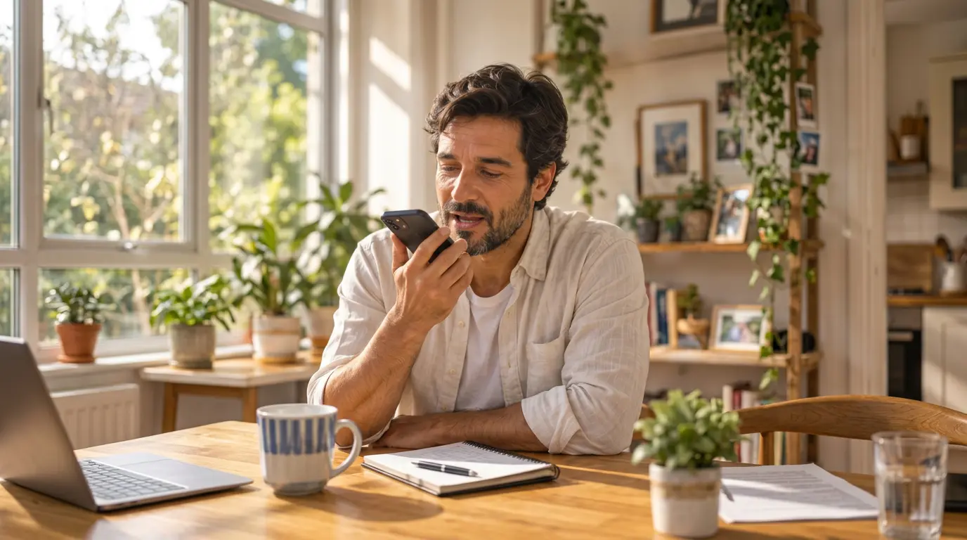 Homem gravando um áudio no celular à mesa, com uma xícara e um caderno, em um ambiente iluminado pela janela